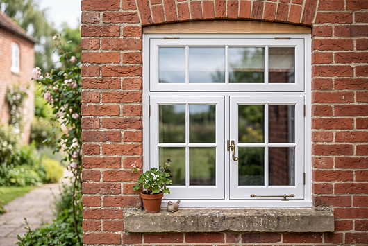 Close-up of a white timber casement window in a red-brick wall, window installation and replacement by Peak Property Maintenance