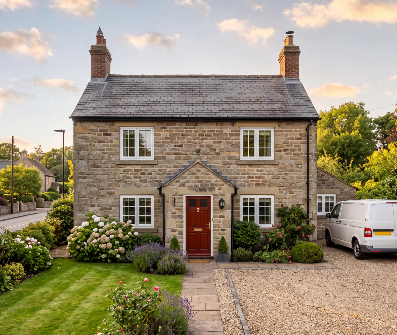 raditional stone cottage in Derbyshire with a well-kept front garden and a Peak Property Maintenance van parked on the driveway